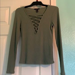 Low Cut Ribbed Long Sleeve Top Pale Green